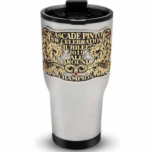 A custom tumbler made of stainless steel with a personalized engraved western decoration, featuring bronze lettering and vines, 30 oz, ideal for coffee